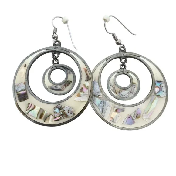 Taxco Alpaca Drop earrings Enamel Abalone chips Round geometric Mexico  VTG - Picture 3 of 6